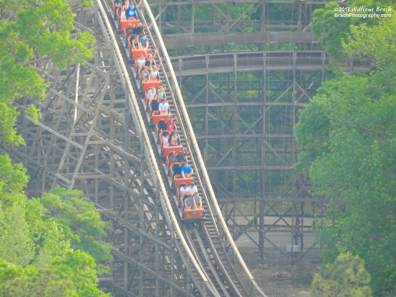 Grizzly's orange train going down the second drop.