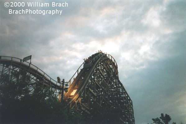 Train going down the drop.  That light shining on the track is where the on-ride photo was snapped to get your reaction as you rode the coaster.