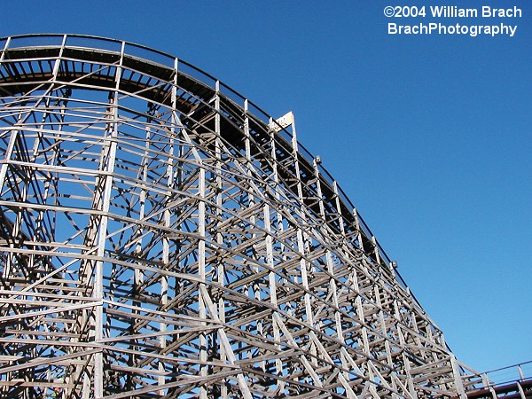 Looking up at Hurler's 83-ft tall lift hill.  Hurler opened at Kings Dominion in 1994.