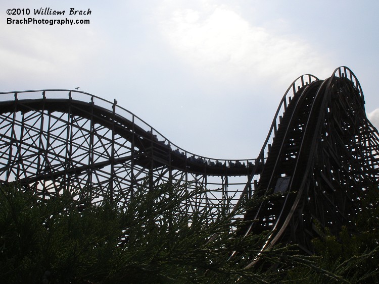 Lift hill and first drop on Hurler seen here.  Train has just crested the lift and is rolling towards the drop.