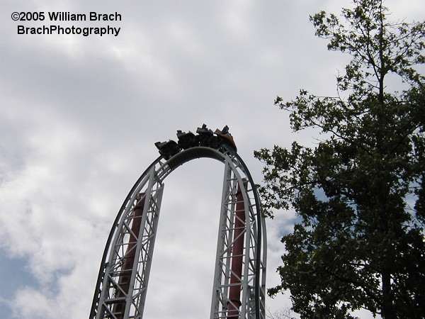 Train cresting the top hat hill.  HyperSonic XLC launched riders from 0-60 in 4 seconds.