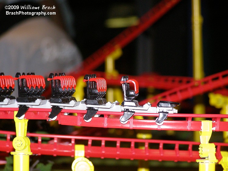 Closeup detail of the coaster train on the model.