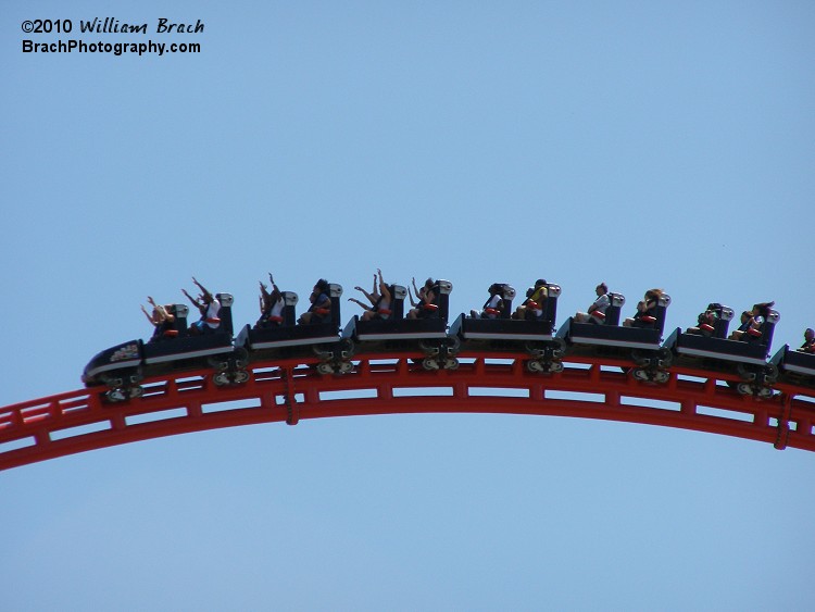 Silver train going over the second hill.  Intimidator 305 has two trains.  One is silver, the other is red. 