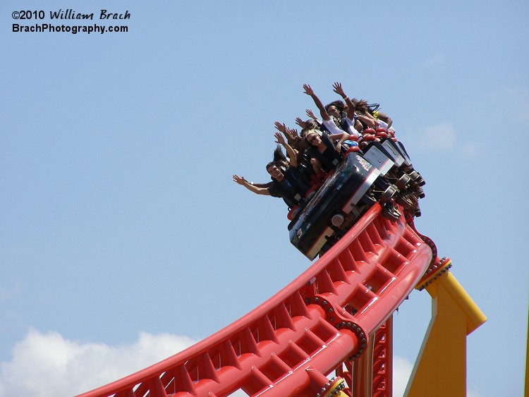 A train exiting the third hill on Intimidator 305.