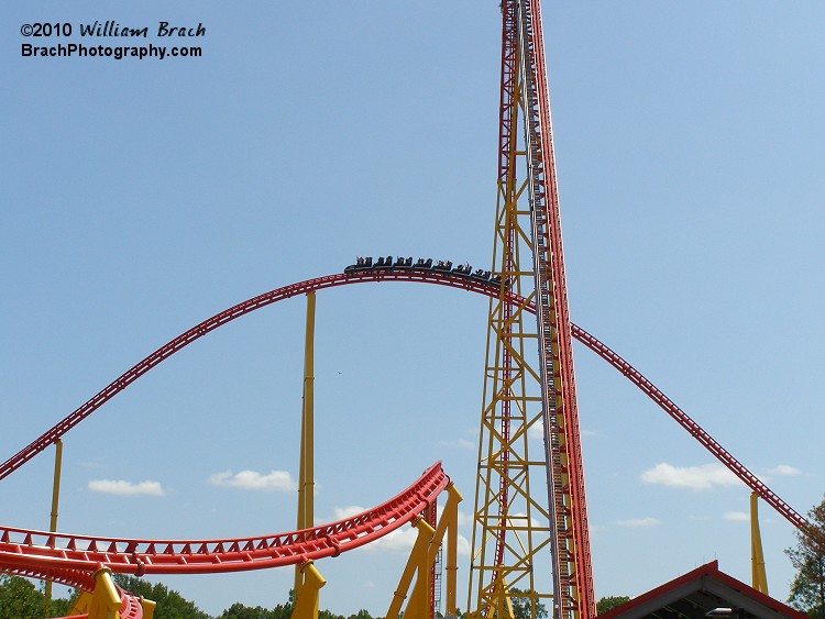 The original 2010 second hill.  For the 2011 season, the first turn out of the drop was widened and the second hill was reprofiled to reduce wear/tear on the trains, reduce stress on the wheels and ultimately to reduce the number of G's experienced on the ride.  People were blacking out in that first turn.