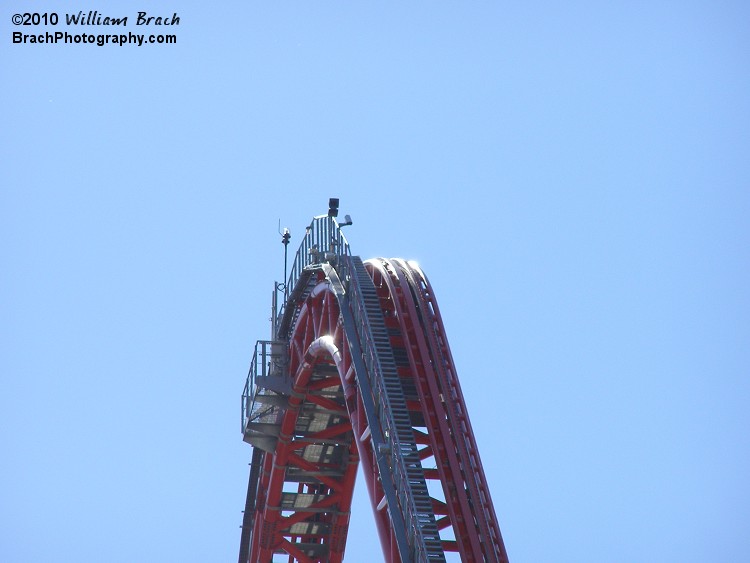 Closeup view of the top of the lift hill 305-ft up in the air.