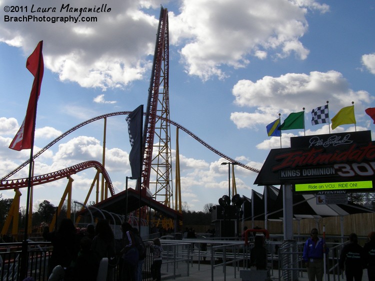 Intimidator 305 in 2011 features modifications made to the ride's design by Intamin.  First thing that's easily noticable here is the second hill.  The track now gradually goes into the hill as you can see here.