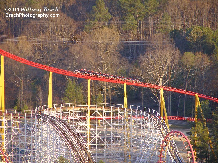 Intimidator 305 train running the new reprofiled track into the second hill.