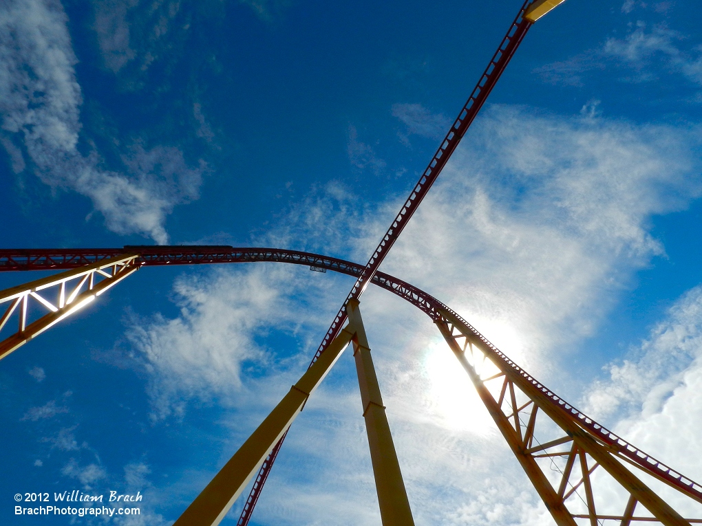 Looking up inside I-305's lift hill and under it's second hill.