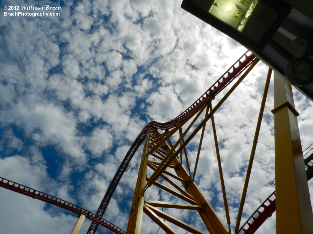 Looking up at the lift hill from the ground.