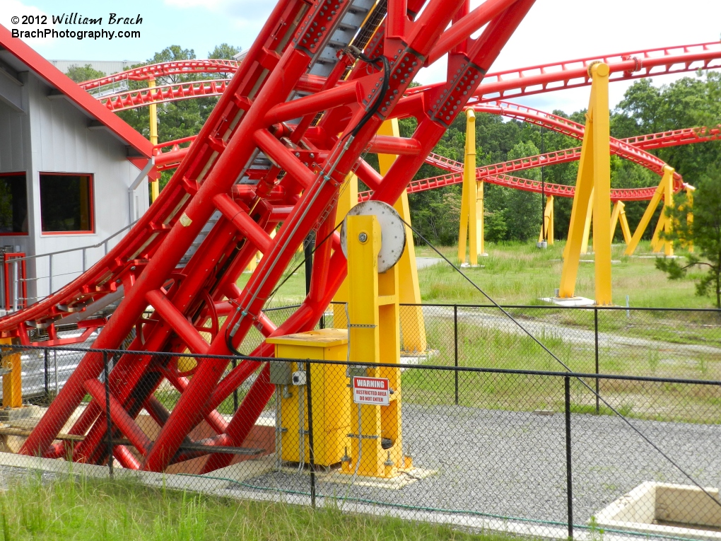 Close-Up view of the pully system that I-305 utilizes to lift each and every train up the 305-ft tall lift hill.