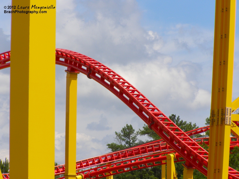 Looking the track through the lift hill supports.