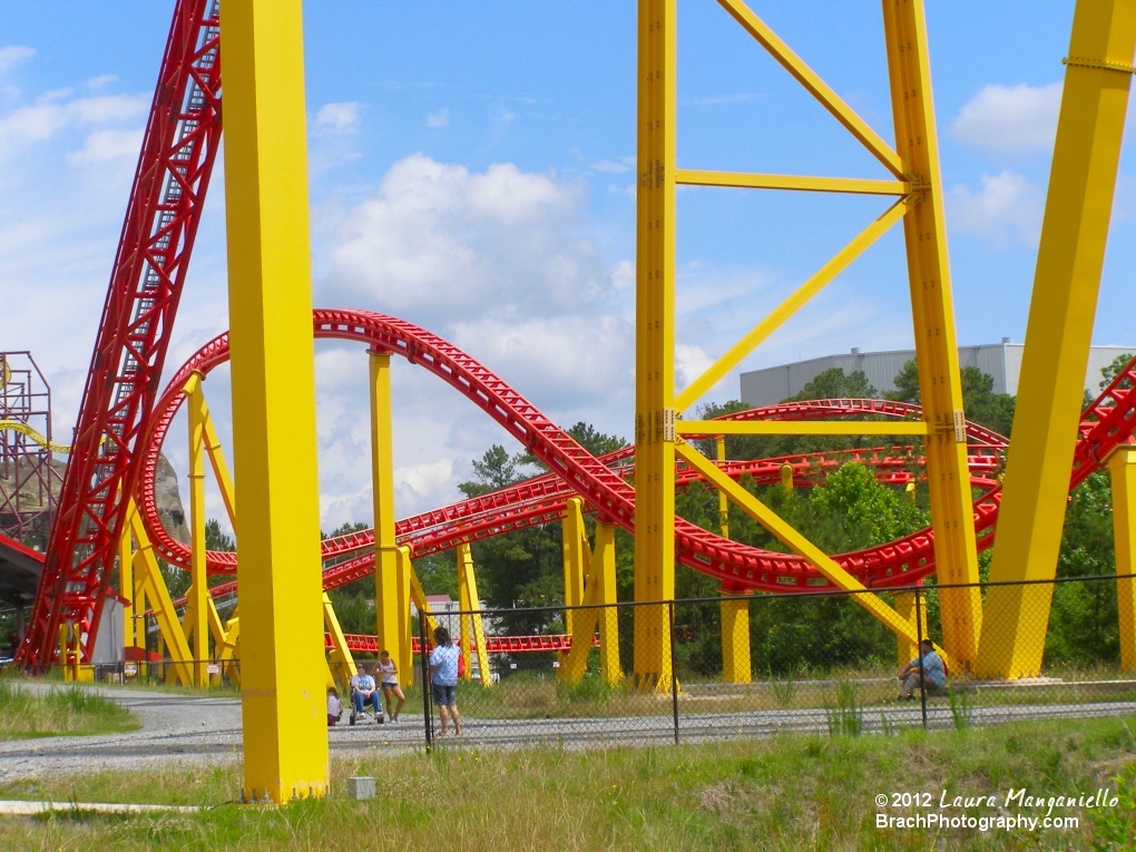 Looking at I-305's lift hill with Volcano and Flight of Fear in the background.