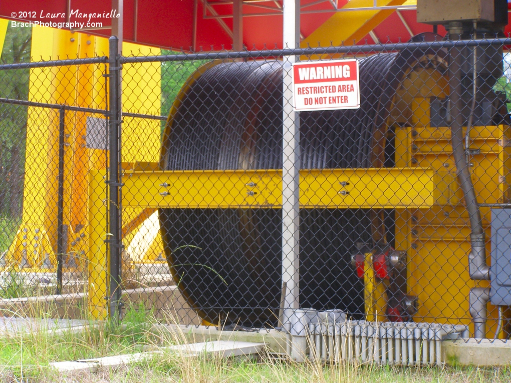 Huge lift spool that pulls the train up the 305-ft tall lift hill.