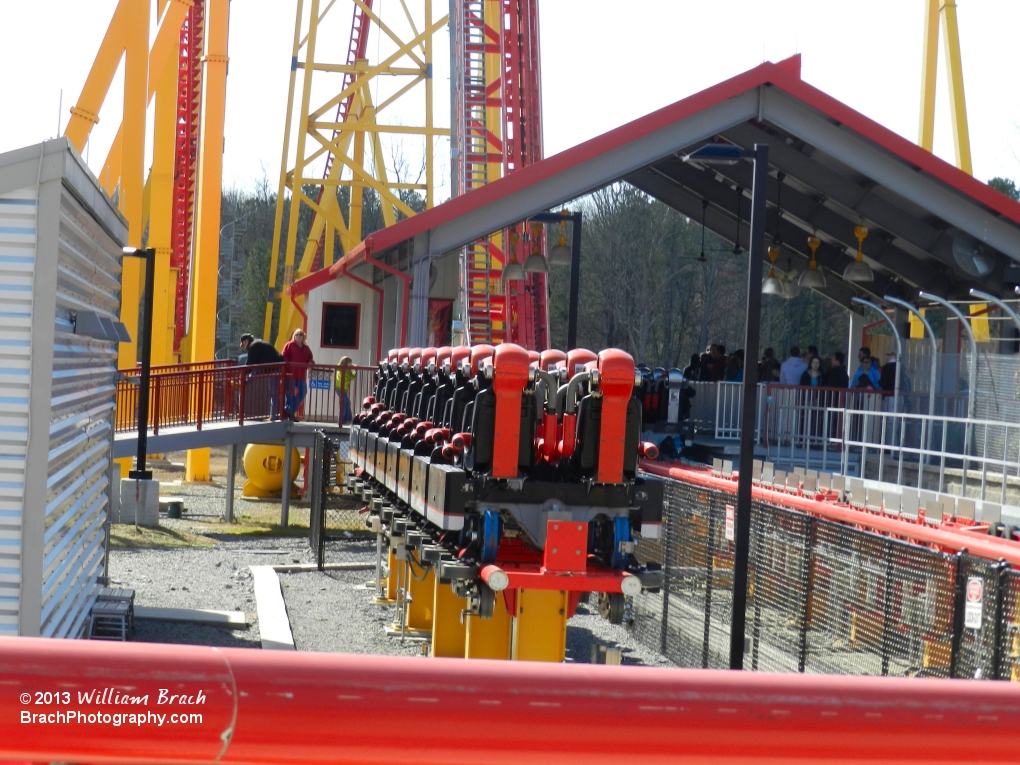 Intimidator 305's red train sits on the storage track.