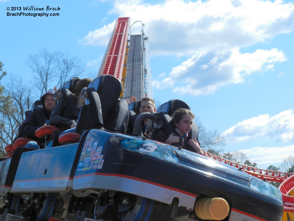 Intimidator train exiting the brake run and headed towards the station.