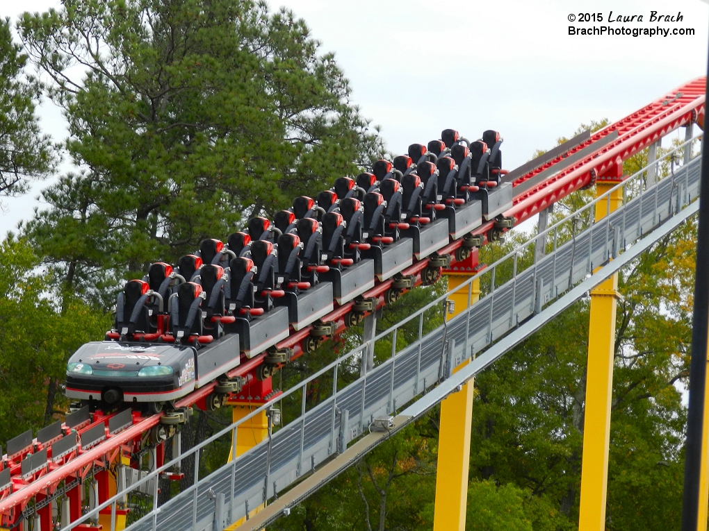 Intimidator red train in the slowdown brakes.