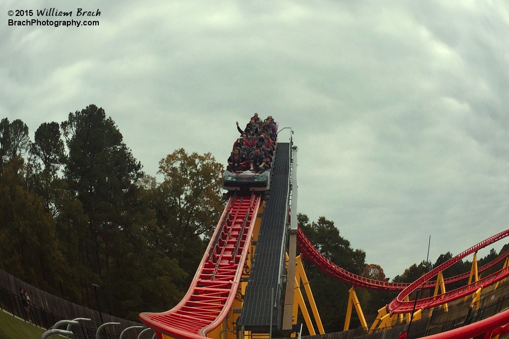 Intimidator 305 train hitting the brake run through the Fisheye Lens.