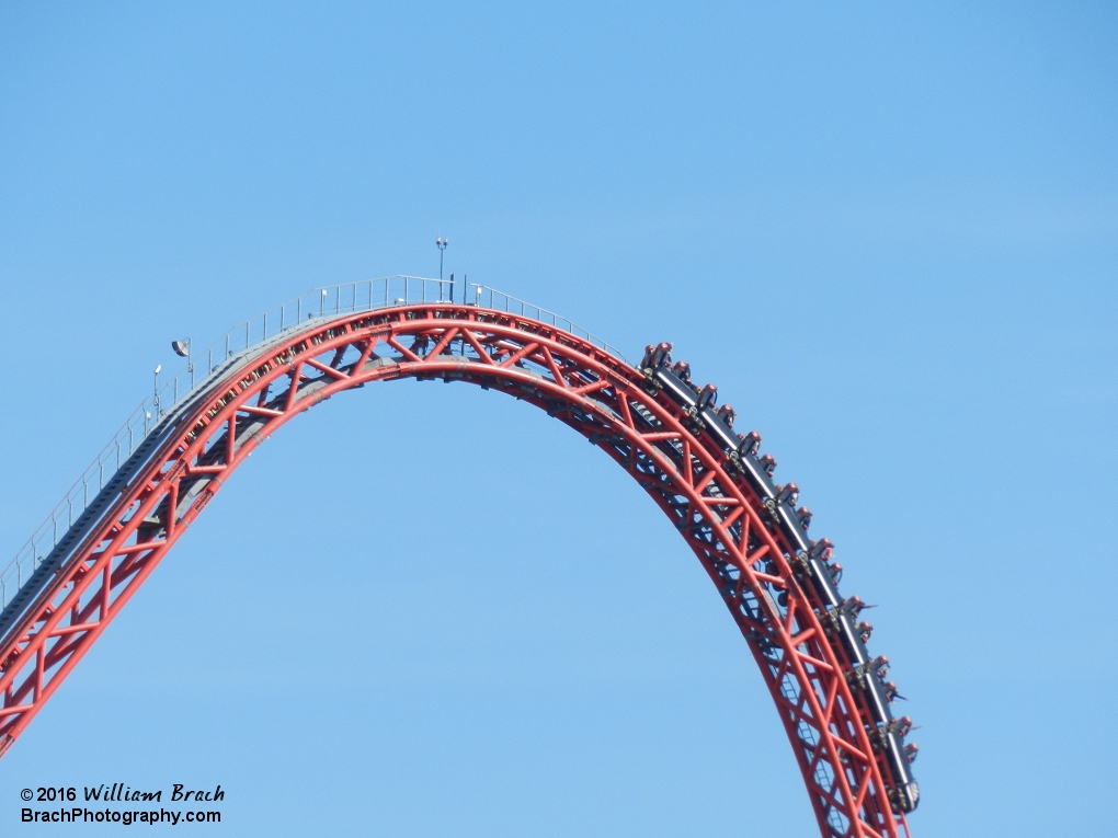 Intimidator 305's red train starts going down the first drop.