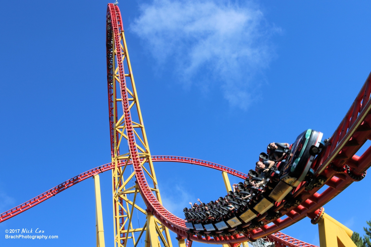 The train at the base of the first drop.