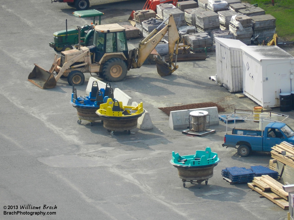 White Water Canyon tubs without their inner rings sitting outside the maintenance bay area.