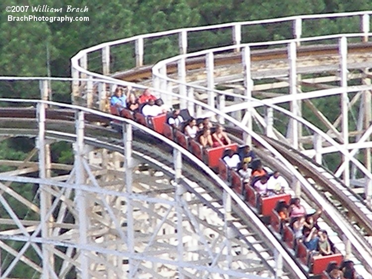 In Kings Dominion's Paramount days, the North side train was reversed to run backwards.  When Cedar Fair bought the Paramount chain, they corrected the North side trains and turned them facing forward.