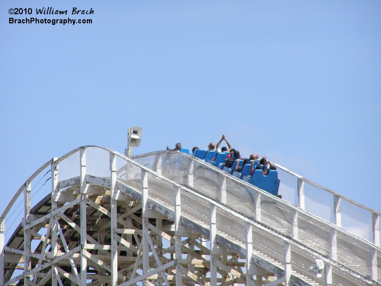 South side's blue train going up the lift hill.