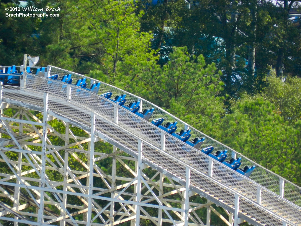 Rebel Yell blue train on the South side lift hill.