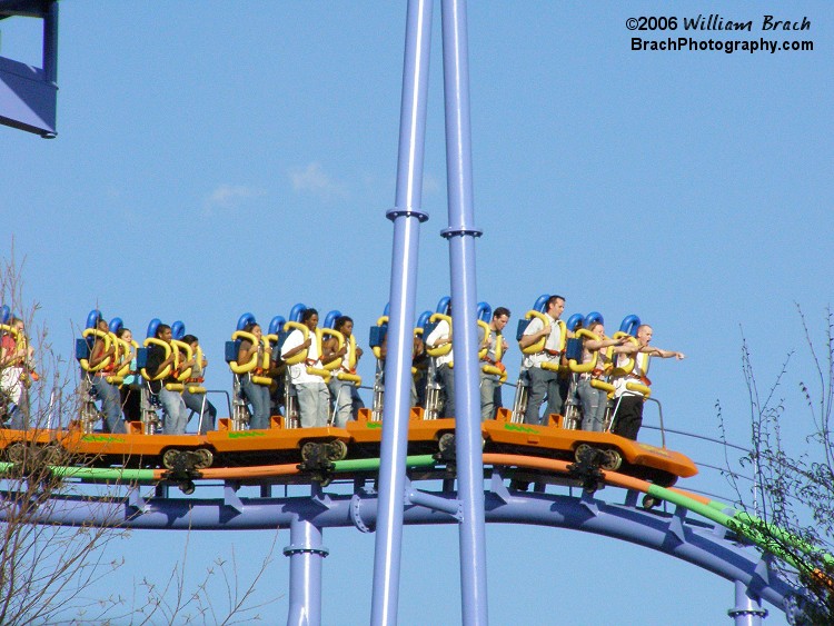 Shockwave was new at Kings Dominion in 1986.  Here we see a train of riders about to take the plunge down the first drop.