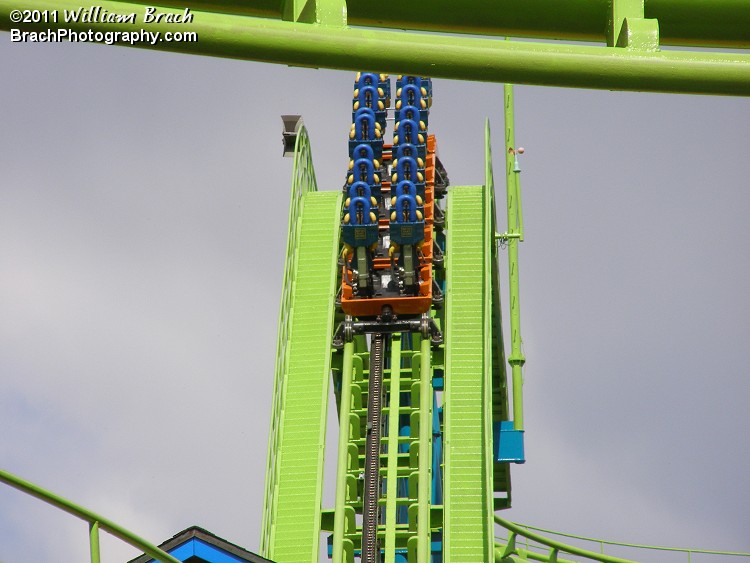 Shockwave train *CRAWLING* up the lift hill.  Shockwave has the slowest lift hill that I know of.