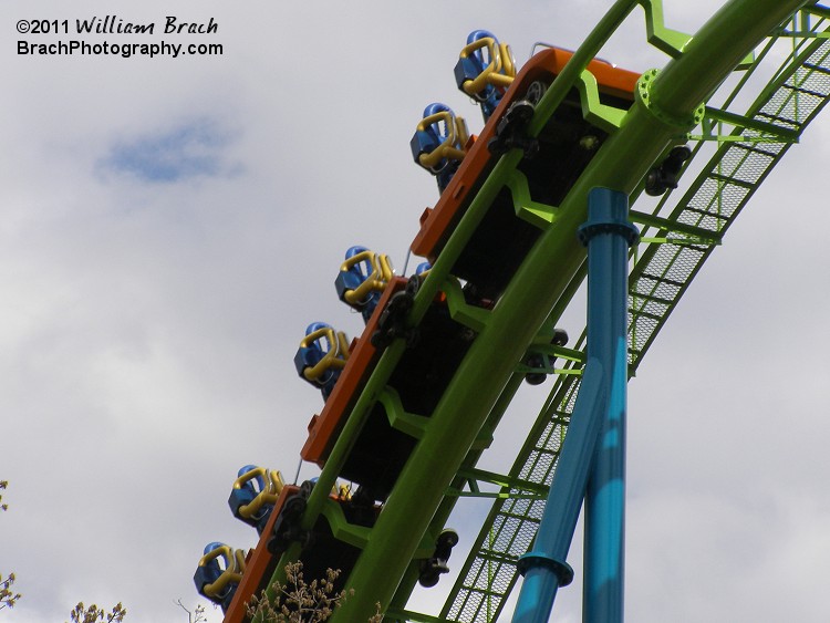 and IN with the NEW colors.  The old color scheme had the track spine, cross-ties and supports a sky blue color.  The rails were alternating orange and green.  I like these new colors so much nicer.  The color scheme matches Raptor at Cedar Point and Hydra at Dorney.