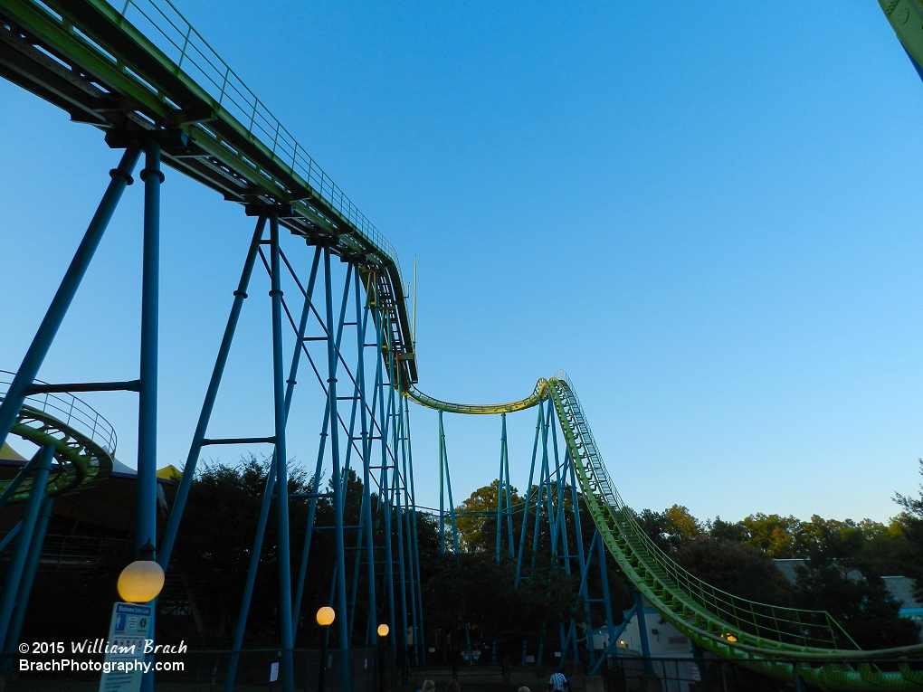 Looking at the lift hill and first drop of Shockwave.