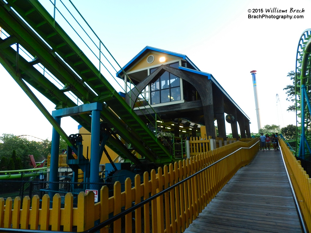 Looking at Shockwave's station building, lift hill and exit ramp.