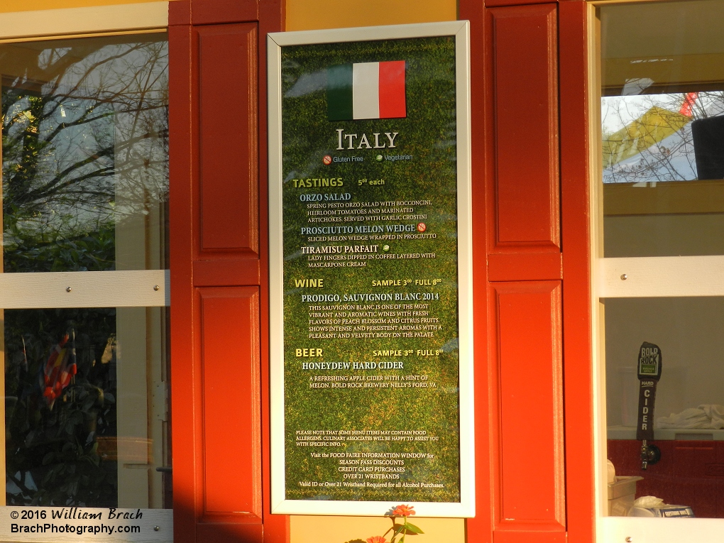 Menu from the Italy booth.