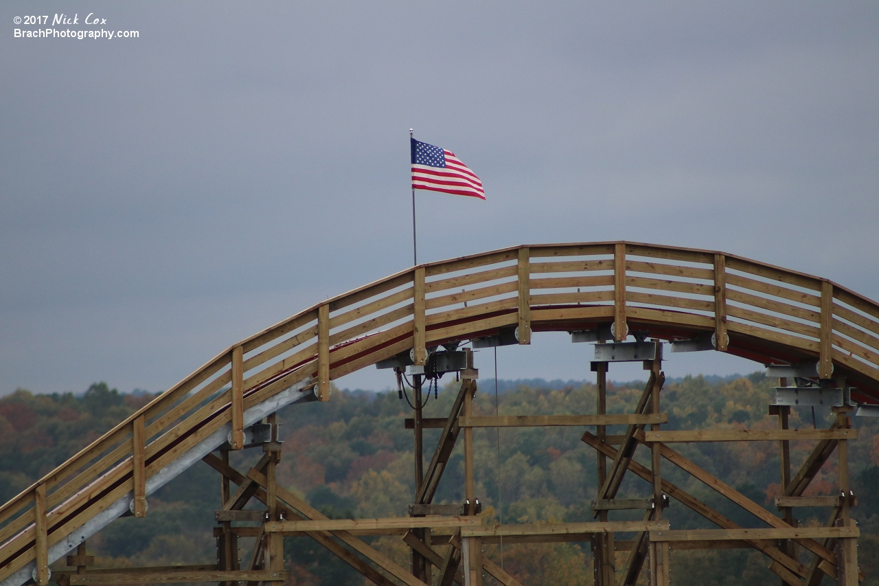 The American flag up 111-ft in the air.