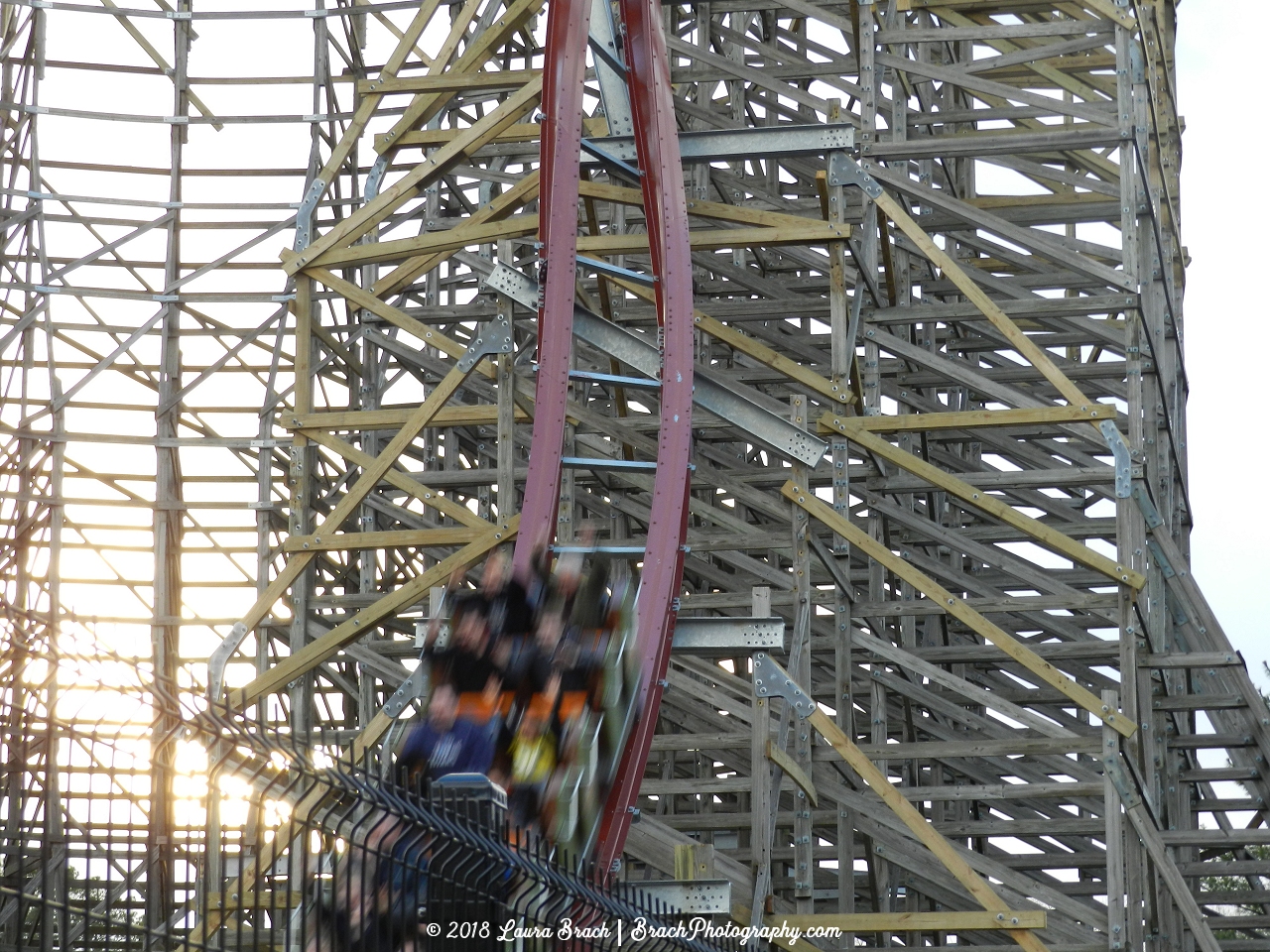 Twisted Timbers train going down the first drop.