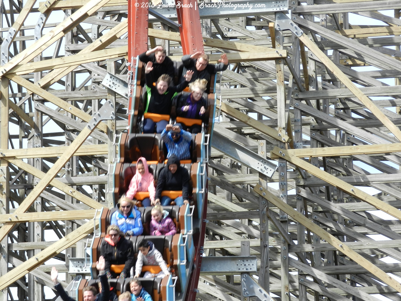 The first drop is a barrel-roll drop.  Here's the blue train exiting the first drop.