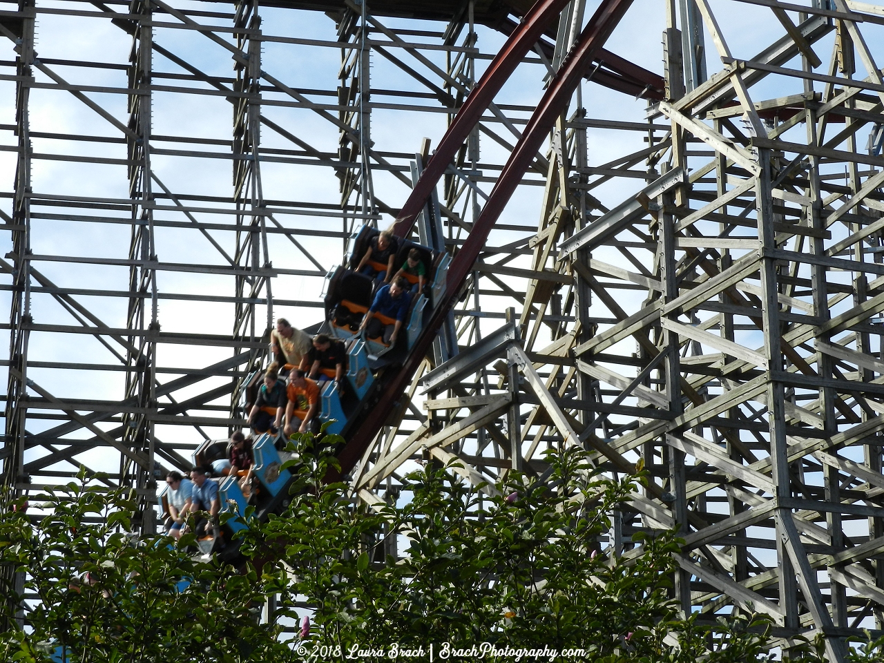 Blue train coming out of the first drop.