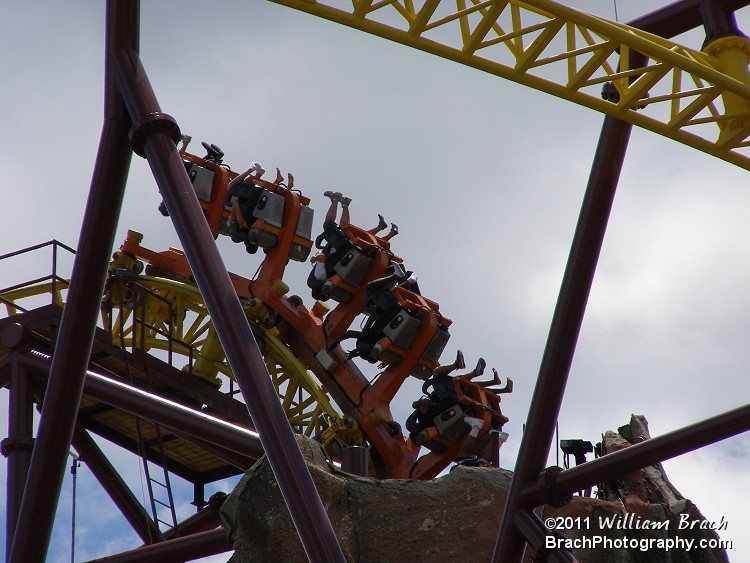 Volcano train erupting out of the ride's mountain.