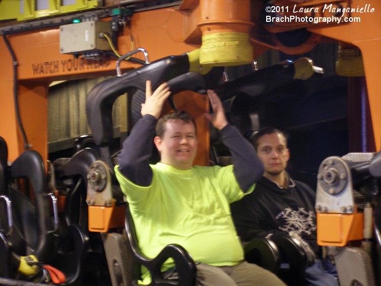 Fellow coaster buddy Craig and I loading up for our runs on Volcano!