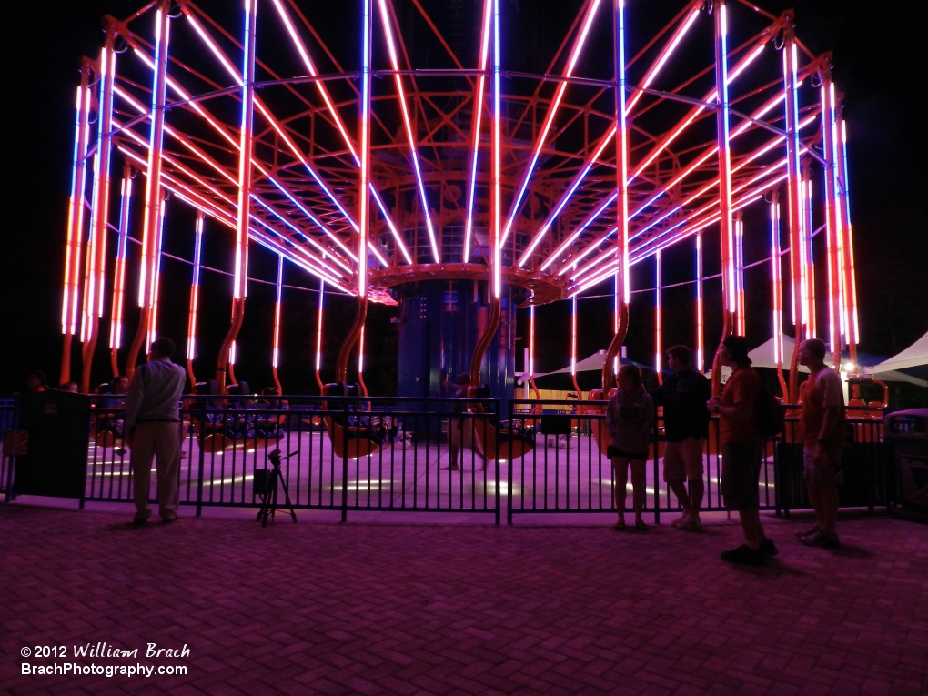 Night views of WindSeeker in the station.