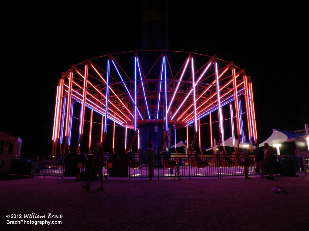 Night views of WindSeeker in the station.