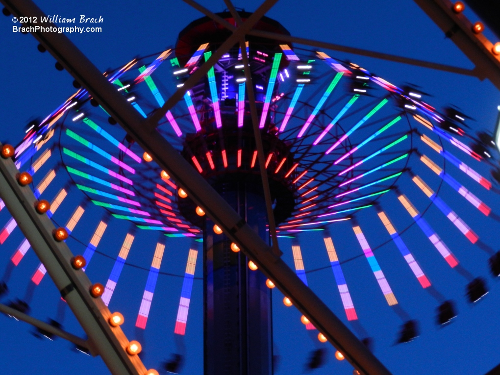 WindSeeker in motion at night.