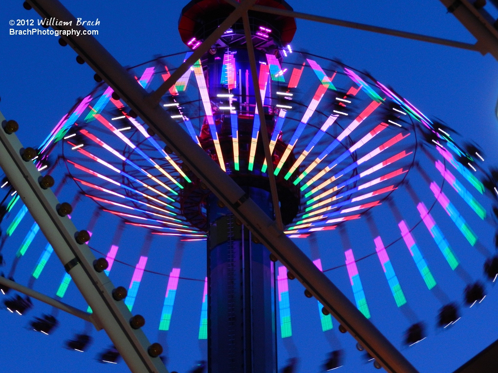 Night is the best time to watch WindSeeker at Kings Dominion.