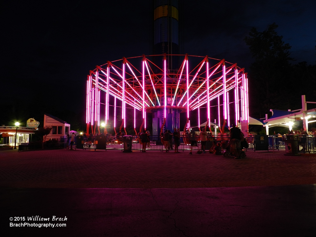 WindSeeker lit in pink LEDs.