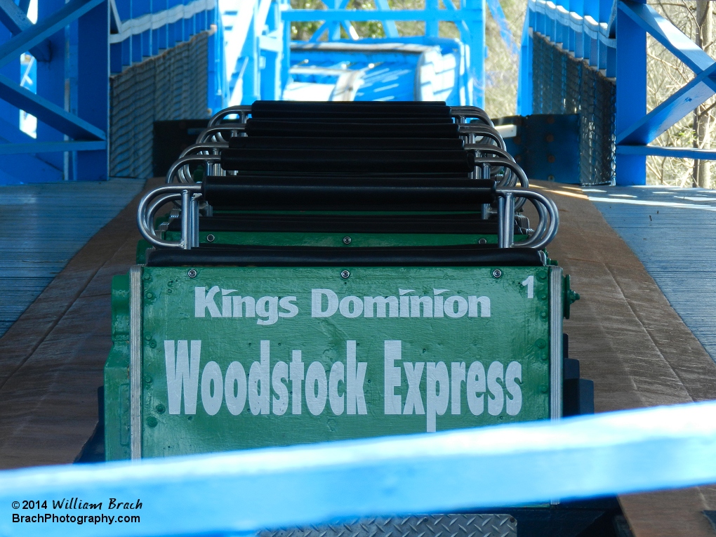 Woodstock Express train sits in the station awaiting riders.