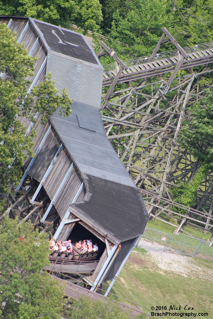 A train heading out of the lift tunnel.