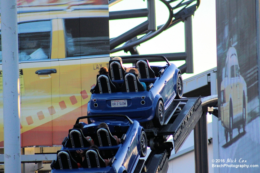 The train headed towards the parking garage drop.