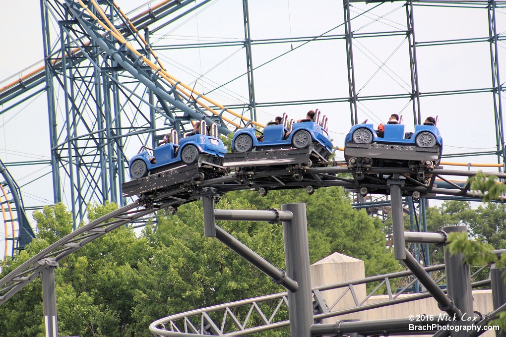 The train at the top of the ride's helix.