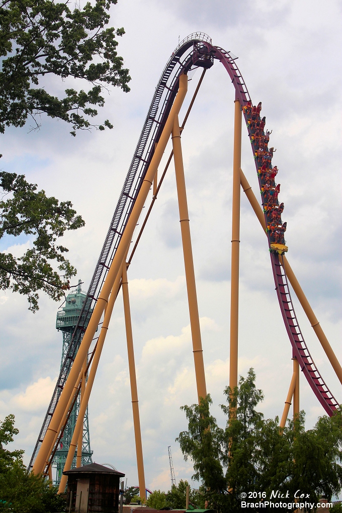 The train plummeting down the first drop of 80-MPH.